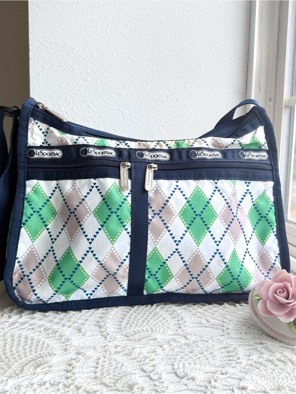 Vintage y2k LeSportsac Argyle Crossbody Bag Green Diamond Hearts Print Rare